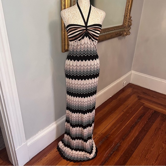 TRINA TURK Vallarta Brown, Cream , Black Chevron Halter Maxi Dress Size Medium - Picture 3 of 13